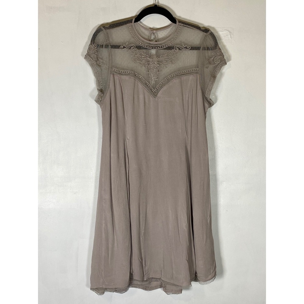Maurices L Embroidered Mesh Yoke Shift Dress Taupe‎ Boho Fairycore Midi